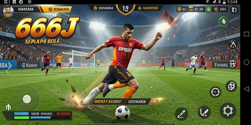 Screenshot gameplay 666J menampilkan aksi seru di lapangan sepak bola.