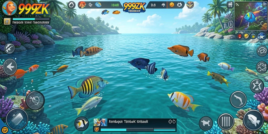 Tampilan gameplay <strong>999ZK</strong> saat menembak ikan-ikan berwarna-warni.