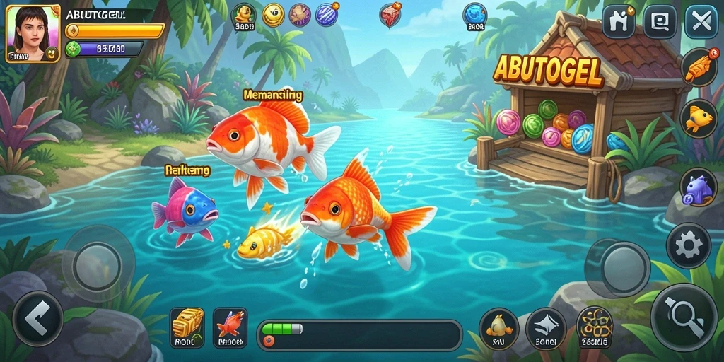 Gameplay ABUTOGEL: Menangkap ikan di berbagai lokasi menakjubkan.