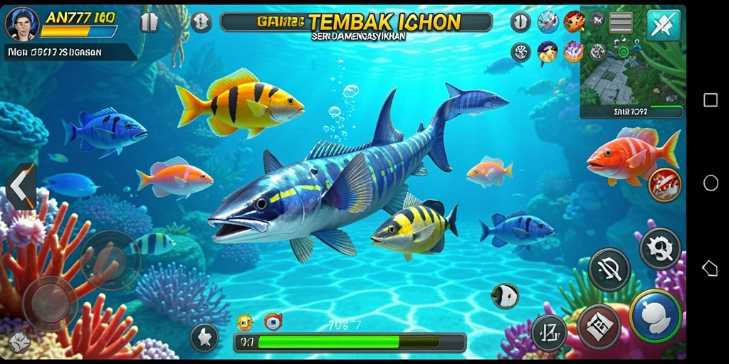 Screenshot AN777 menampilkan gameplay seru saat menangkap ikan.