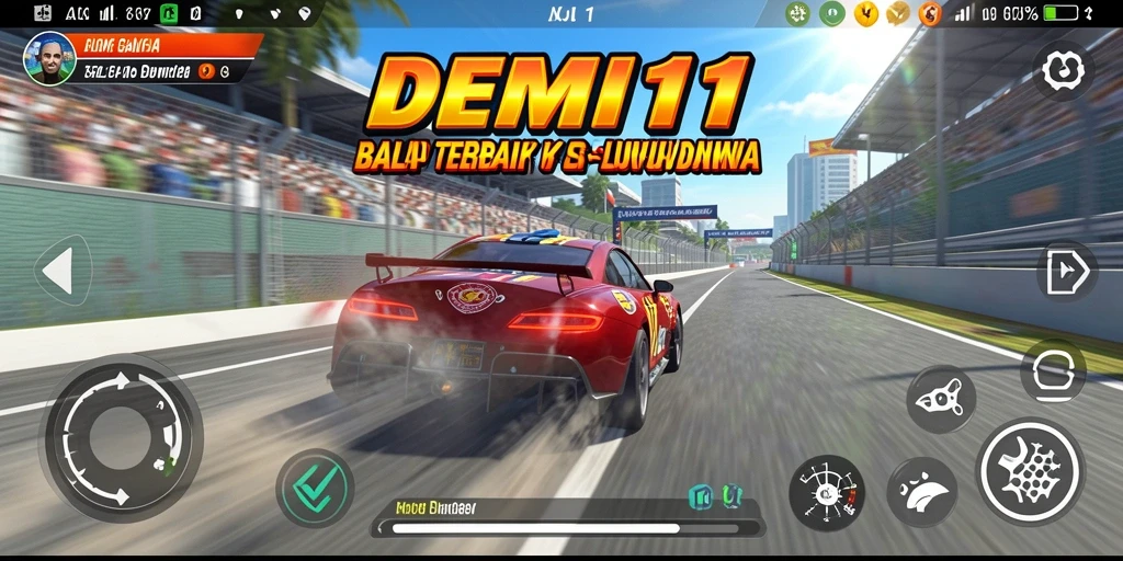 Screenshot permainan DEMI11 menampilkan aksi balap yang mendebarkan.