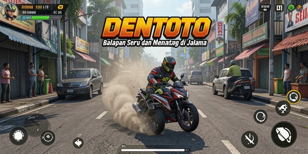 Screenshot gameplay DENTOTO dengan mobil balap di trek menantang.