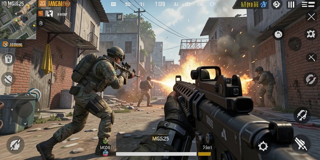 Screenshot menunjukkan pertempuran seru dalam MG525 dengan gameplay FPS yang intens.