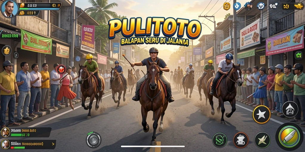 Tampilan gameplay intens PULITOTO dengan mobil balap di lintasan.