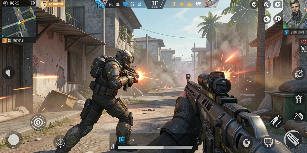 Tampilan menyeluruh dari gameplay seru di R6R6 dengan aksi FPS yang intens.